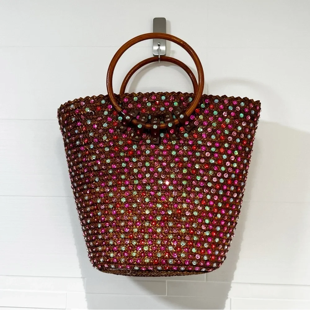 Victoria Secret sequined basket bag with wooden handles. Vintage